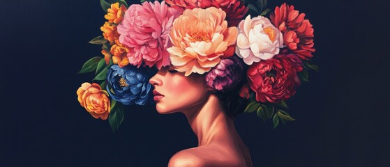 Woman with a vibrant flower crown, showcasing beauty and nature in artistic portraiture. Ideal for wellness, beauty, and artistic expression themes.