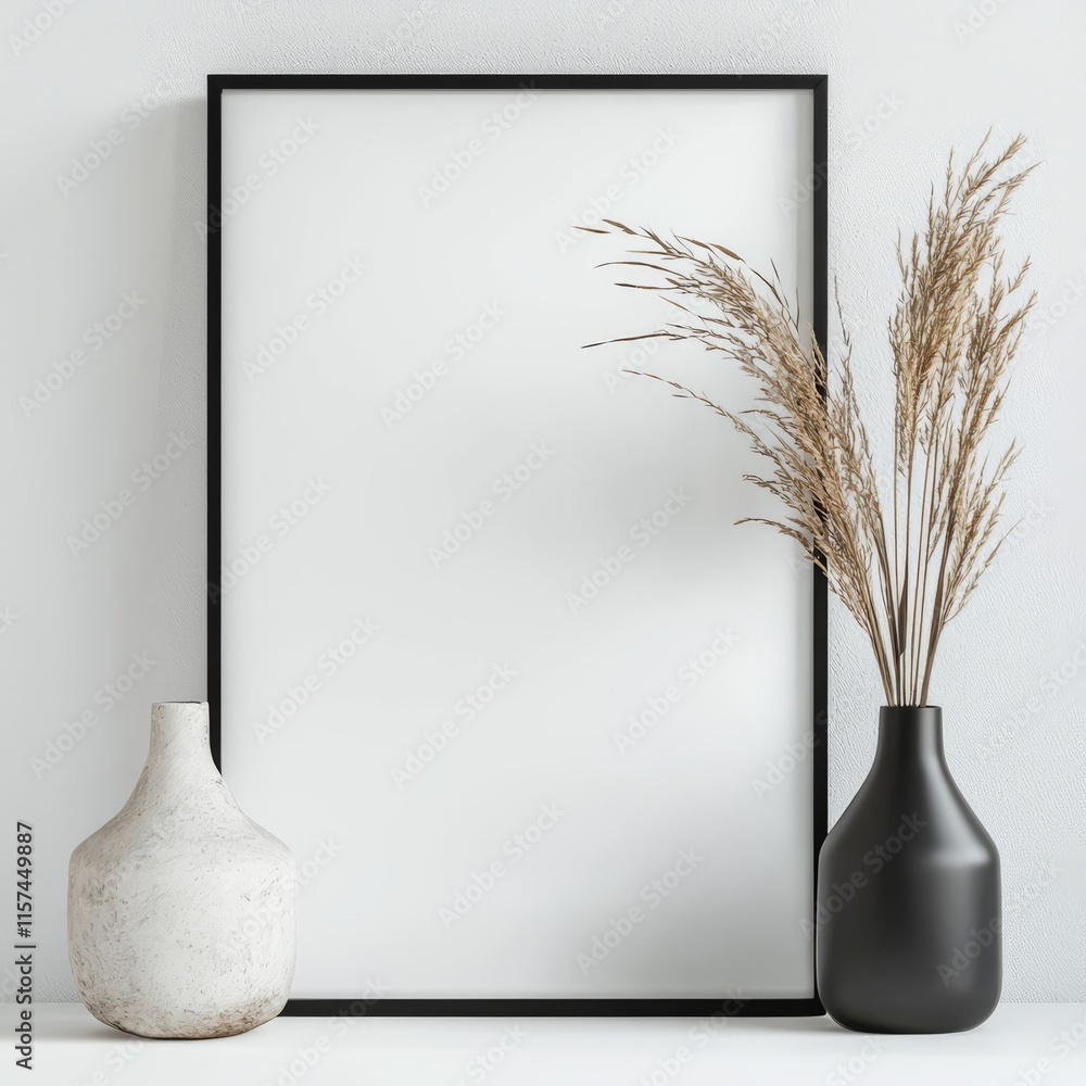 Poster elegance in simplicity: an empty frame stands in the middle with two vases on both sides, creating a