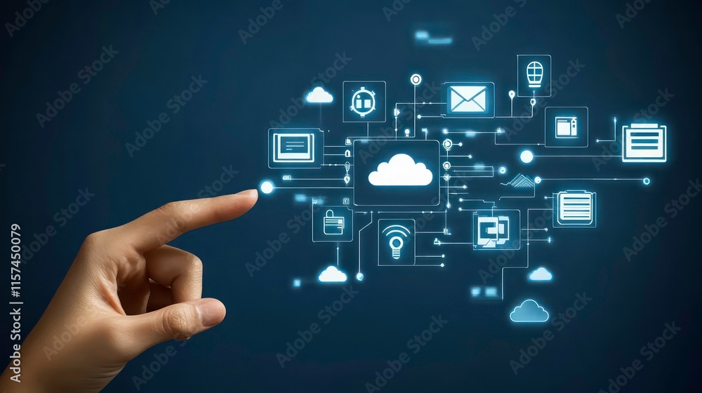 Poster hand pointing at digital cloud computing network, data storage, global communication, internet techn