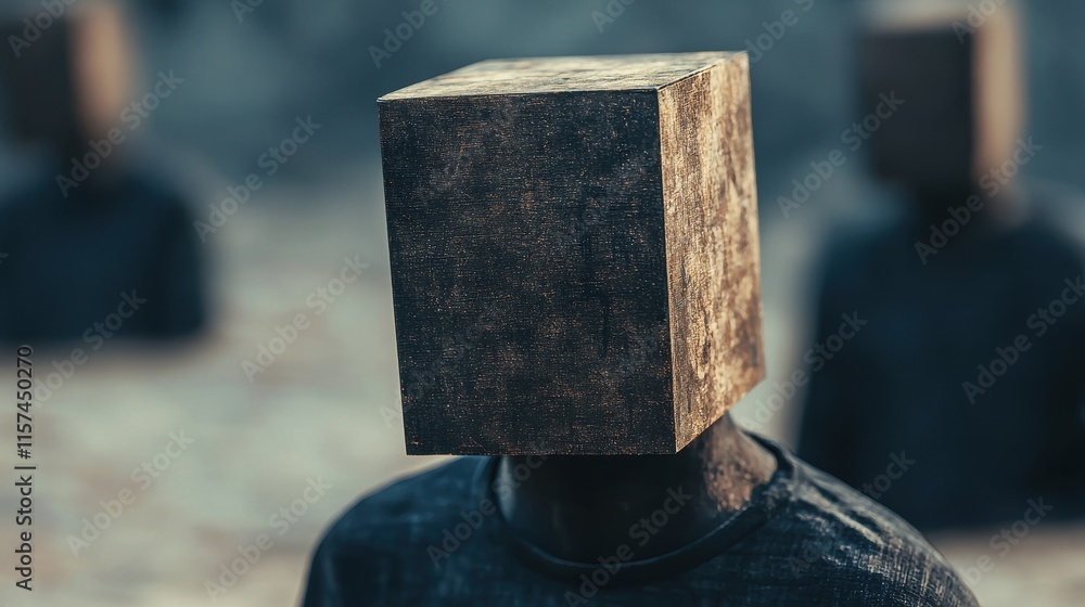 Poster abstract figures with block heads stand in a desolate landscape, evoking themes of anonymity and iso