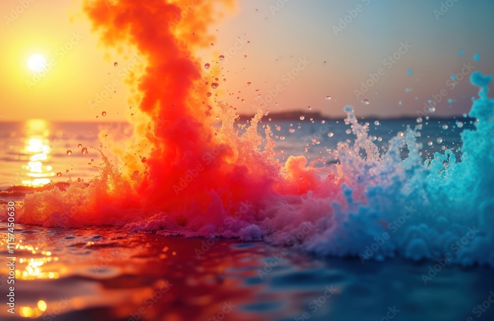 Aufkleber colorful vibrant liquid merges in water. sunset light creates vivid hues of orange, pink merging wit
