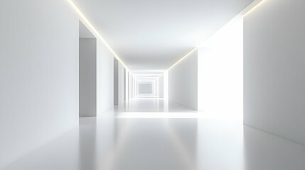 Obraz premium Bright, minimalist white corridor with glowing lines, leading to a light source at the end.