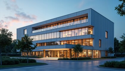 Fototapeta premium Modern hospital building exterior. Dusk sky with soft light. Many windows let in light, show interior spaces. Landscaping with trees, shrubs surrounds building. Design contemporary, clean. Accessible
