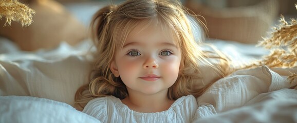 Adorable Little Girl with Blonde Hair Lying on a Bed