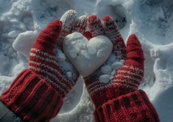 Female hands in knitted mittens with heart of snow in winter day. Love concept. Valentine day background.