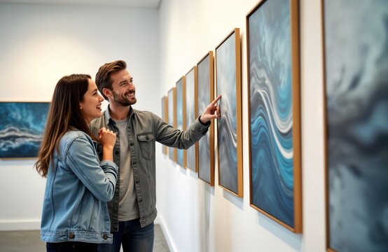 Happy young couple looks at paintings in art gallery. They are admiring abstract art pieces. They seem to enjoy visiting art exhibition together. Couple stands and chats. They are both smiling.