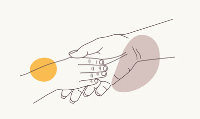 Hands in a comforting gesture, symbolizing care, support, and connection, with abstract shapes and soft earthy tones. Minimalistic line art vector illustration