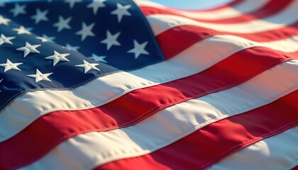 Obraz premium Closeup view of waving American flag. Detailed close up view of fabric texture. Stars, stripes visible. Patriotic colors. Symbol of national pride, freedom. Ideal for Independence Day celebrations,