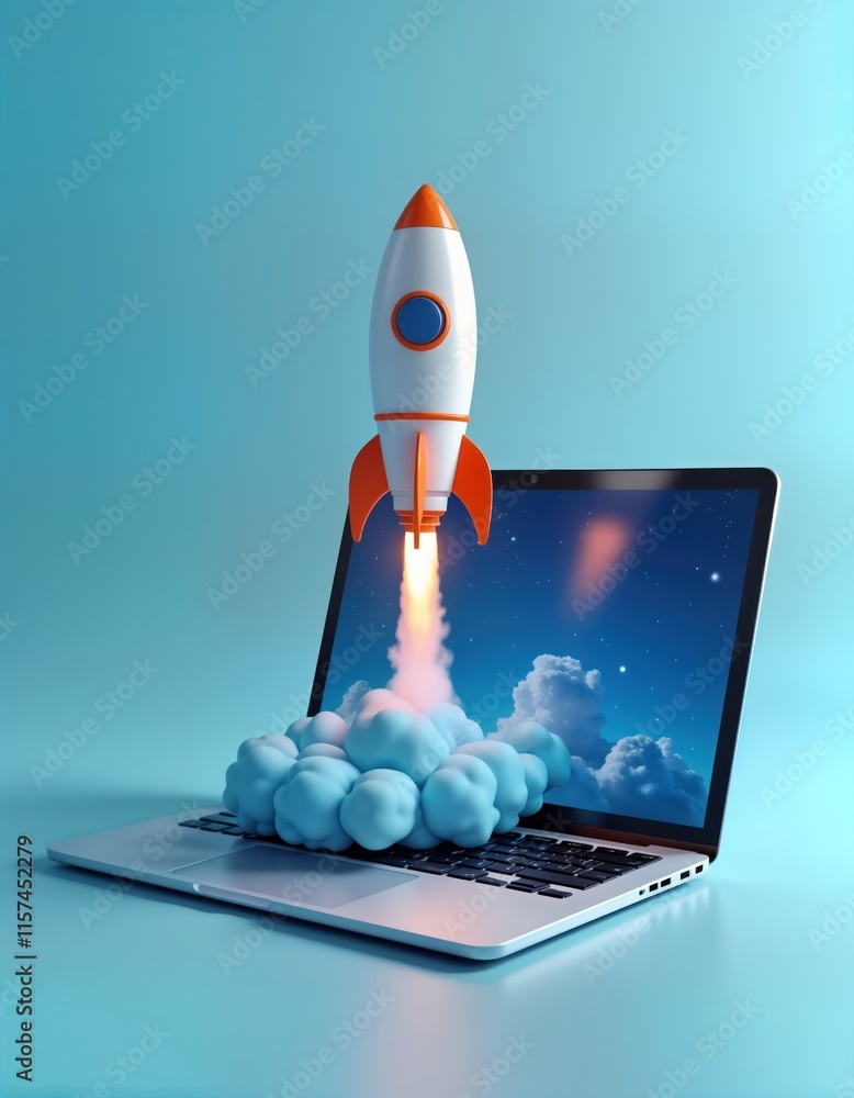 Leinwandbilder laptop screen shows rocket launch. digital rocket takes off from laptop screen. cloud of steam from 