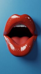 A bold close-up of glossy red lips slightly parted against a vibrant blue background. Ideal for beauty, fashion, cosmetics, and striking visual design concepts.