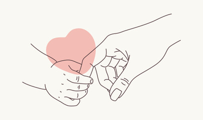 Small hand holding a larger one, symbolizing care, love, and trust, with abstract heart-shaped elements for emotional appeal. Minimalistic vector illustration