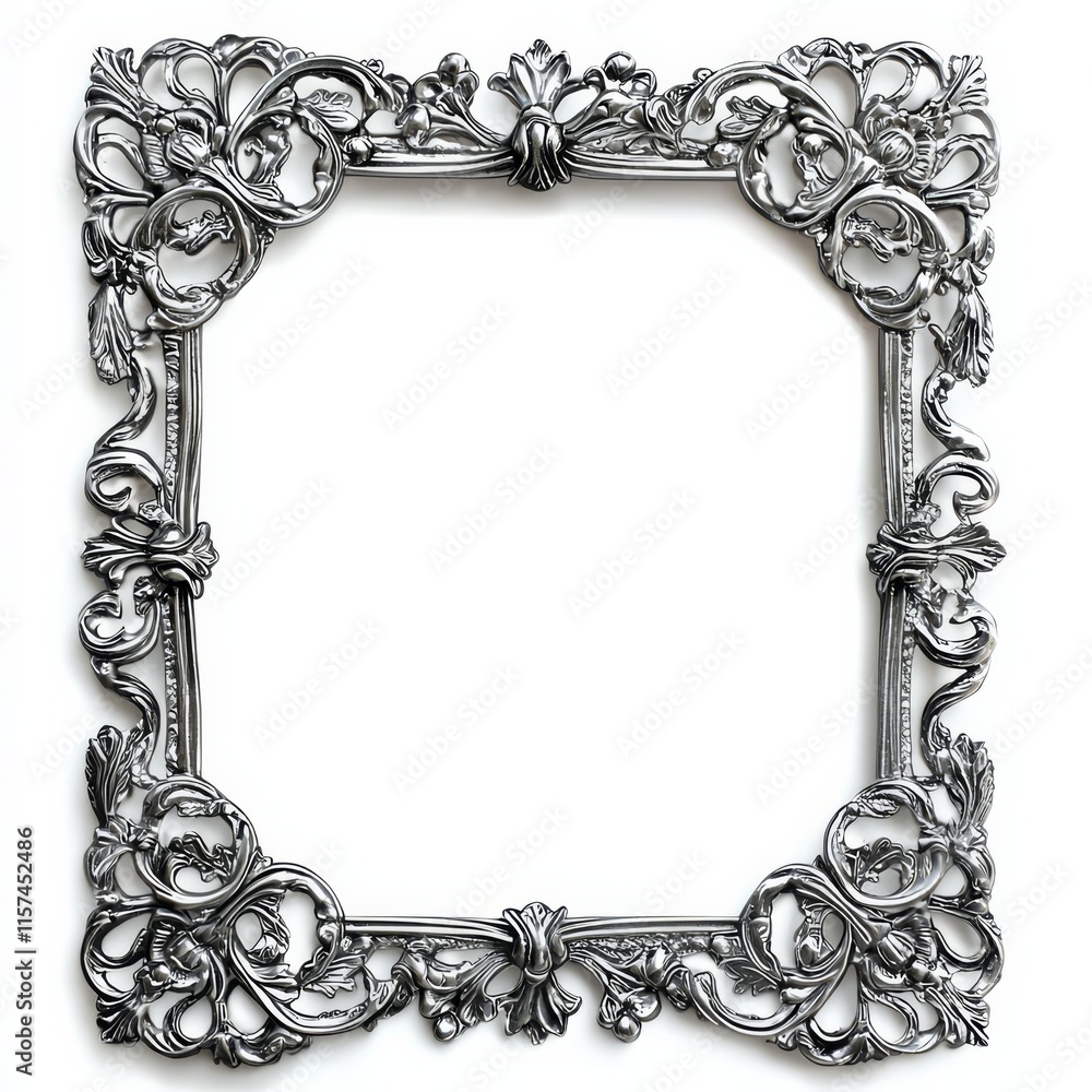 Poster ornate silver frame: a square silver frame with intricate scrollwork and floral details, perfect for