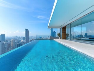 Fototapeta premium Modern residence with rooftop infinity pool, glass walls overlooking a cityscape, sleek design, calm water, bright daylight