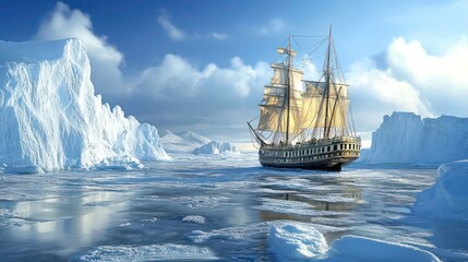 Obraz premium A vintage sailing ship navigates icy arctic waters amidst towering icebergs under a vibrant blue sky.