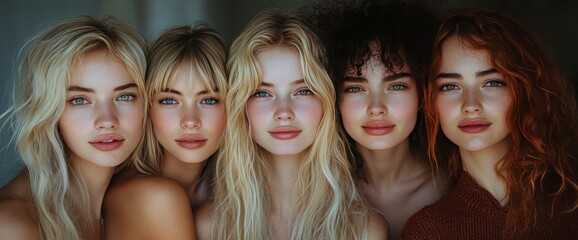Five Beautiful Young Women with Different Hair Colors and Styles Posing Together