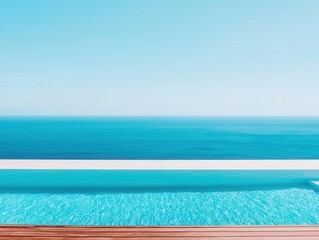 Infinity pool on the rooftop of a modern villa, ocean view, minimalist design, natural wooden deck, bright sunlight