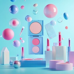 Naklejka premium Levitation makeup products & pastel spheres.
