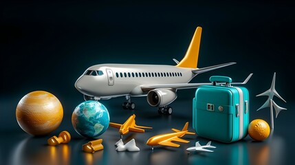 Colorful Travel Elements with Airplane, Suitcase, and Globes