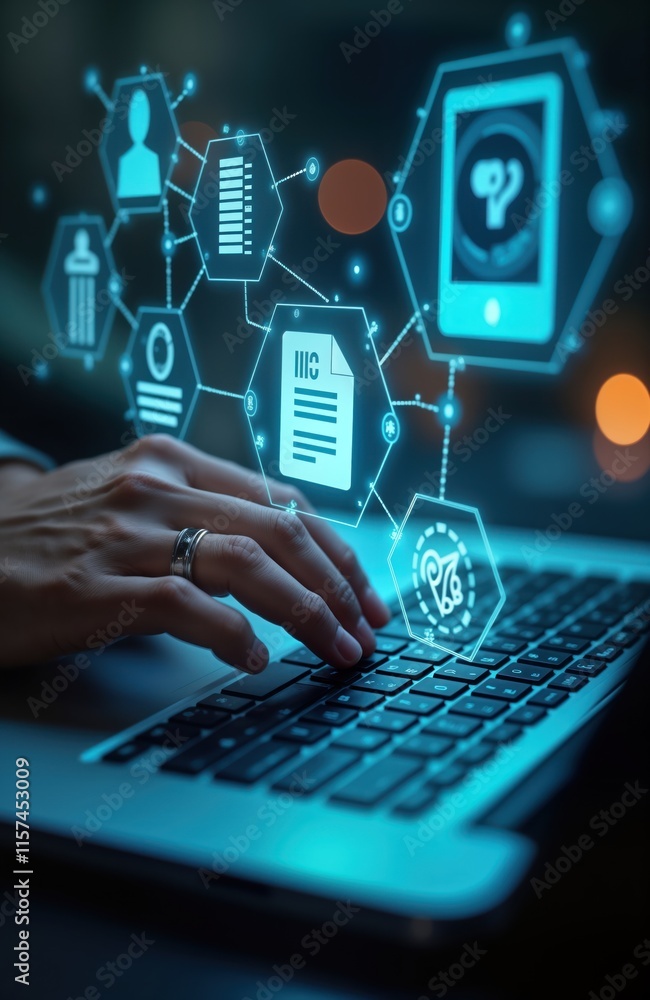 Fototapete Person working on laptop. Digital document management system displayed on screen. Efficient paperless operation. Modern tech solution. Business workflow automation. Electronic approval process. Data