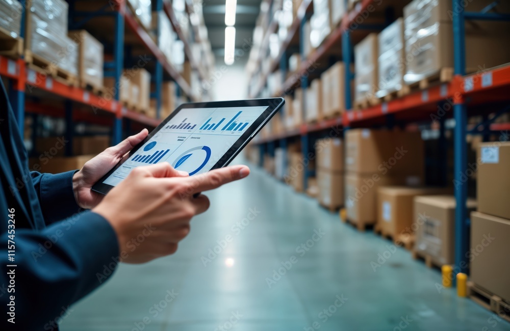 Poster Person uses tablet with charts, graphs inside modern distribution center. Data-driven approach manages logistics. Warehouse workers analyze inventory. Efficient planning optimizes workflow.