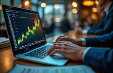 Business people actively observing stock market charts on laptops in modern office. Market analysts work together closely in collaborative atmosphere. Stock prices rising, creating positive market