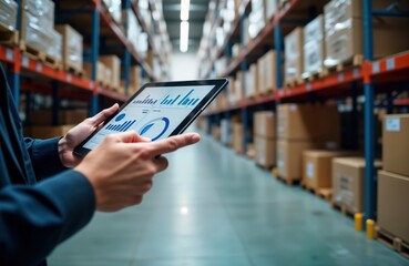 Person uses tablet with charts, graphs inside modern distribution center. Data-driven approach manages logistics. Warehouse workers analyze inventory. Efficient planning optimizes workflow.