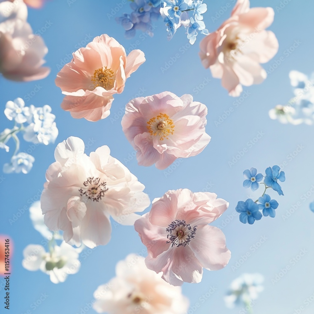 Wall mural Floating pastel pink and blue flowers against a bright blue sky.