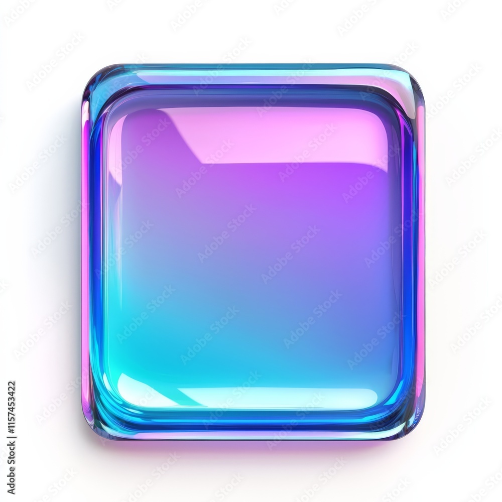 Poster glossy square button: a vibrant, iridescent square button rendered with 3d realism, featuring a capt