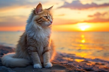 Obraz premium Portrait of a cute laperm cat in beautiful beach sunset