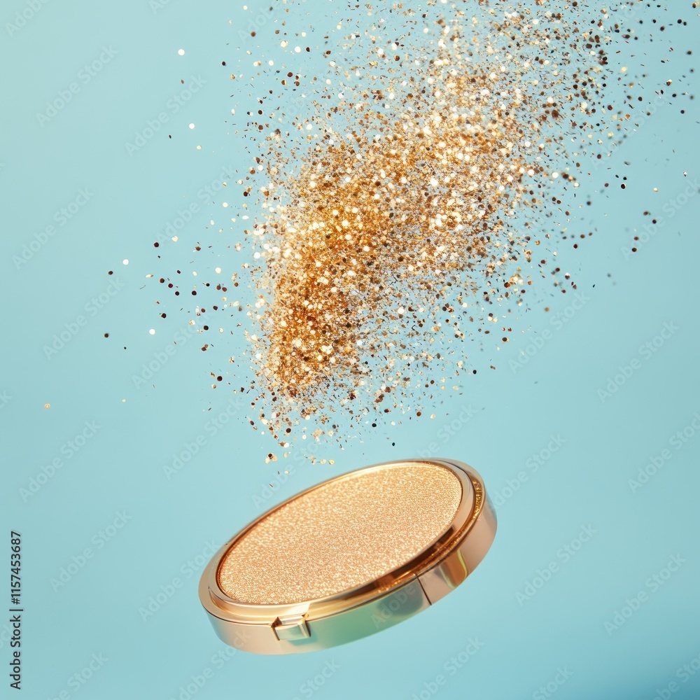 Poster golden glitter exploding from a compact.