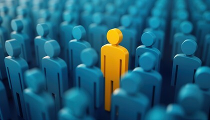 Yellow figure stands out among crowd of blue figures. Finding exceptional talent. Image represents concept of finding perfect candidate in HR. Concept of uniqueness, selectivity in recruitment.