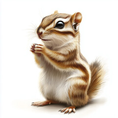 Fototapeta premium Realistic chipmunk standing on a white background, holding food in its paws