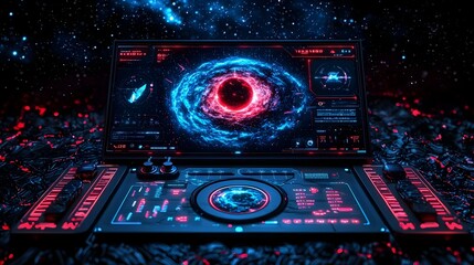 Obraz premium Futuristic Control Panel in Cosmic Space with Digital Displays and Glow