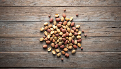  A pile of mixed nuts, including almonds, walnuts, and pistachios, is scattered on a weathered wooden surface.