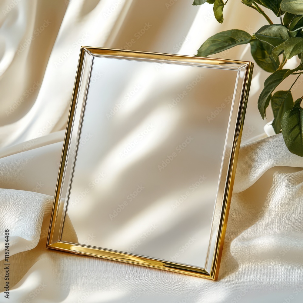 Poster mirror's reflection: a modern, rectangular mirror with a stylish frame rests on a delicate satin fab