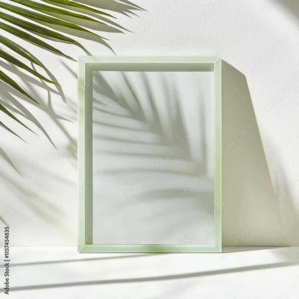 Poster an empty pastel-colored frame, casting a subtle shadow of a palm leaf on the surface, evoking a sens