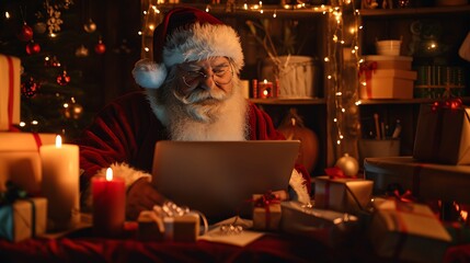 Obraz premium Santa Claus Festive Laptop Night Warm Lights Gifts