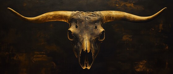 Obraz premium Artistic skull of a longhorn steer against a dramatic dark background, showcasing rustic charm, western decor, and unique artwork for stylish interiors.