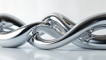 Abstract chrome shapes intertwine creating futuristic form. Metallic objects with glossy surface. Smooth lines, curves. Modern design concept. Futuristic aesthetic. Geometric shapes on white