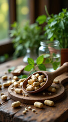Fototapeta premium Magnesium supplement preparation on table with wooden spoon and jar of herbs.