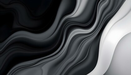 Obraz premium Black and grey abstract background with 3d flow gradient shapes. Trendy horizontal design template for banners, flyers, covers, and presentations. Soft waves seamless texture on shiny black background