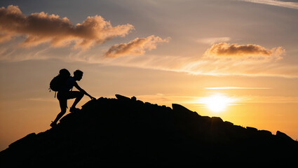 Hiker climbing mountain at sunset reaching peak goal achievement silhouette