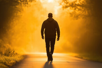 Obraz premium Walking alone on a sunlit path surrounded by golden light in a tranquil forest