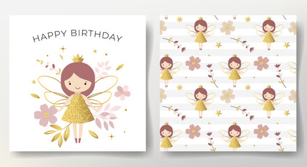 Happy birthday card and seamless pattern with cute fairies, flowers, shining golden stars. Gentle childish backgrounds
