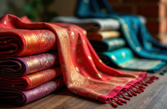 Colorful traditional Indian sarees folded neatly. Vibrant colors, patterns visible. Textile fashion display. Indian clothing. Beautifully arranged textiles. Elegant display of traditional clothing.