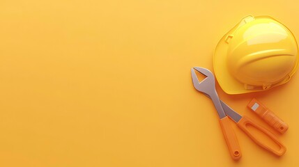 Yellow hard hat, adjustable wrench, and utility knife on a yellow background.