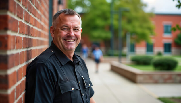 Friendly school security guard smiles at students on campus. Guard wearing uniform. Background shows school buildings. Safe, caring environment. Support, security for children. Learning environment.