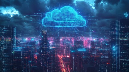 Fototapeta premium Cloud technology revolutionizes urban landscapes futuristic city digital art nighttime view innovation concept