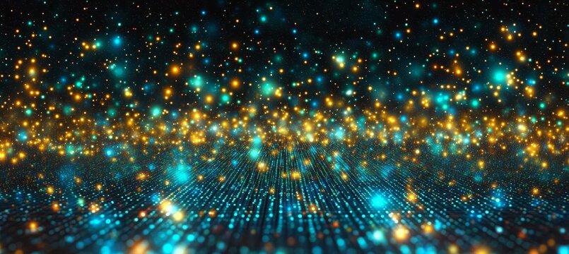 Blue and Green Digital Information Flow, Abstract Technology Background with Glowing Lights and Blur