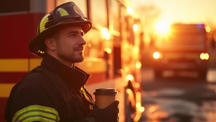 Firefighter enjoying a warm drink during sunset at the station